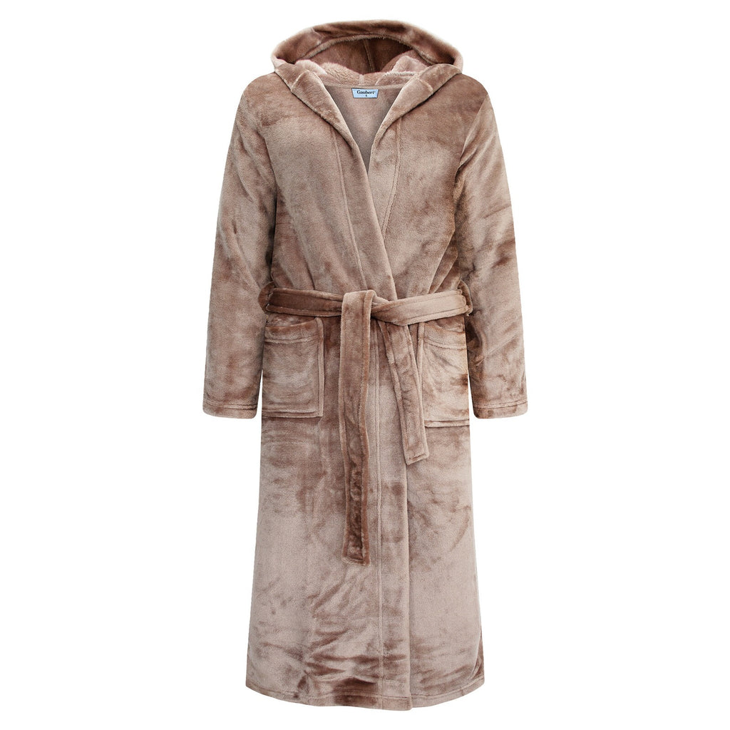 GAUBERT unisex fleece bathrobe with hood, long, sand