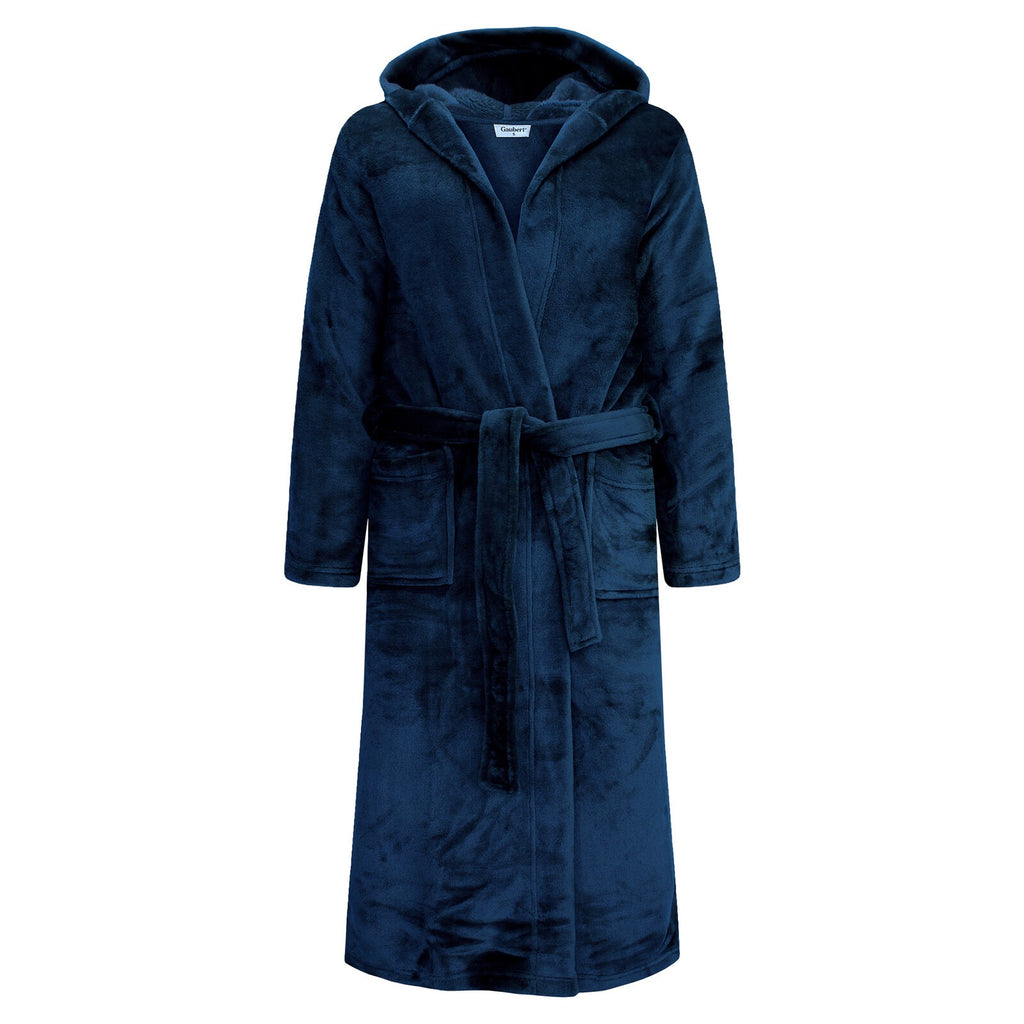 GAUBERT unisex fleece bathrobe with hood, long, navy