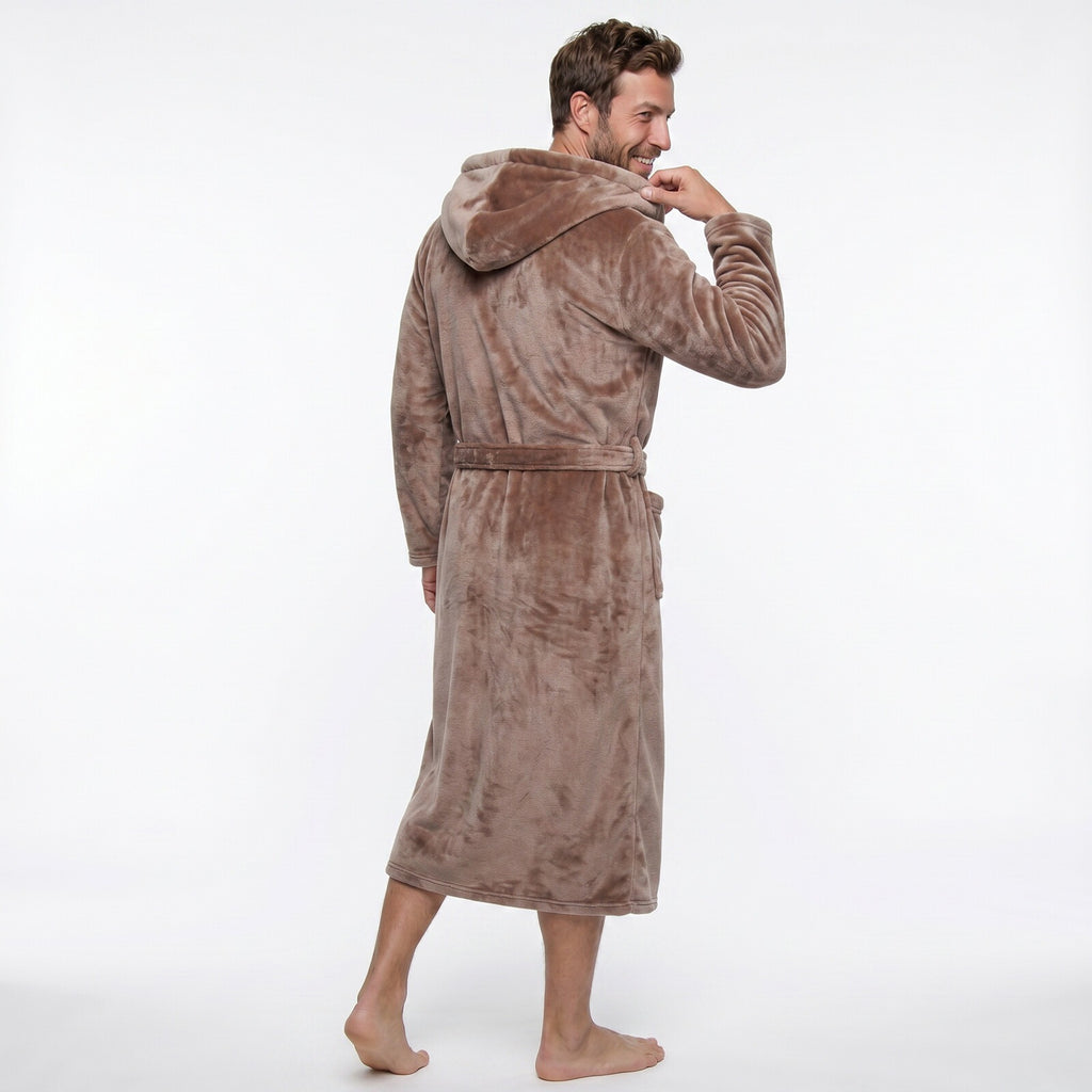 GAUBERT unisex fleece bathrobe with hood, long, sand