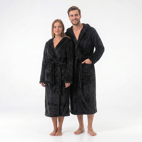 GAUBERT unisex fleece bathrobe with hood, long, black