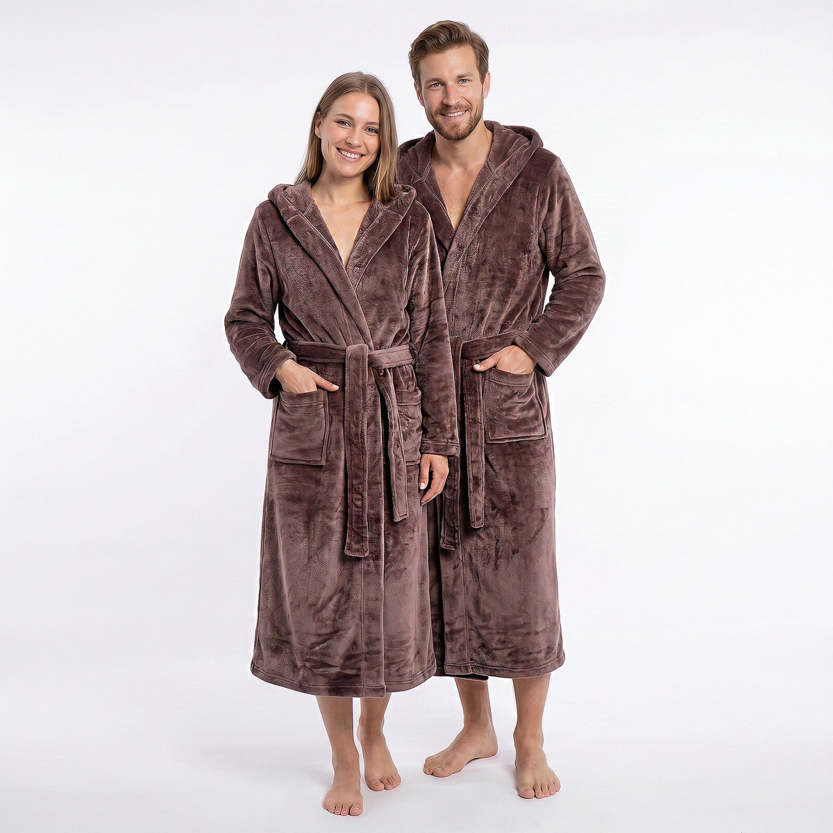 GAUBERT unisex fleece bathrobe with hood, long, coffee brown