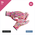 Patterned garden gloves with PU coating, pink, 12 pairs, individually packed