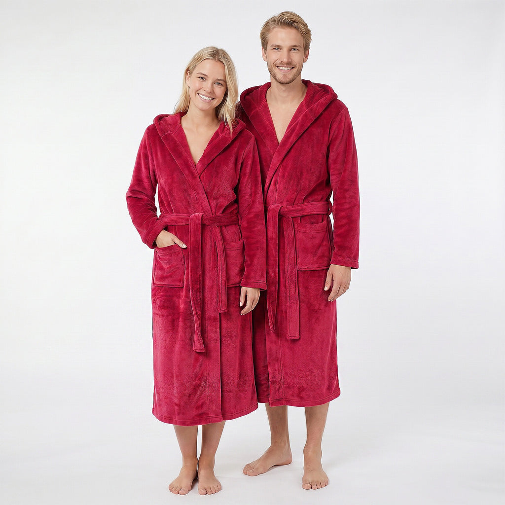 GAUBERT unisex fleece bathrobe with hood, long, burgundy