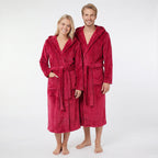 GAUBERT unisex fleece bathrobe with hood, long, burgundy