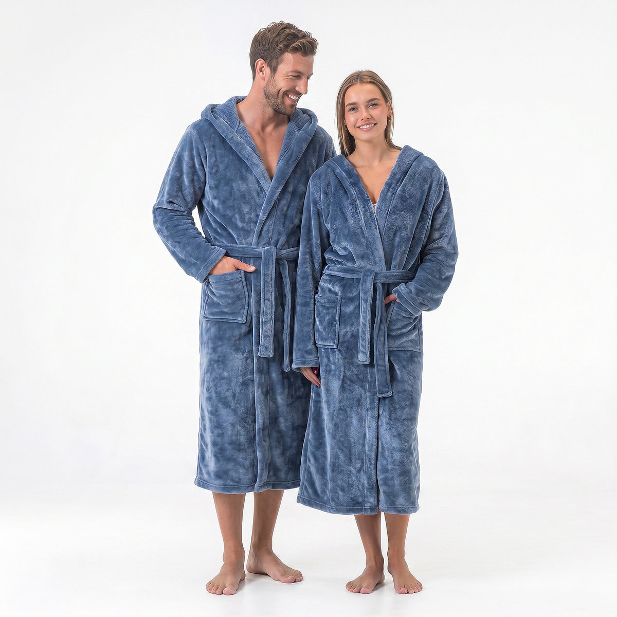 GAUBERT unisex fleece bathrobe with hood, long, grey