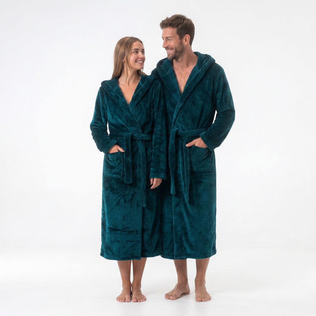 GAUBERT unisex fleece bathrobe with hood, long, teal