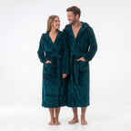 GAUBERT unisex fleece bathrobe with hood, long, teal
