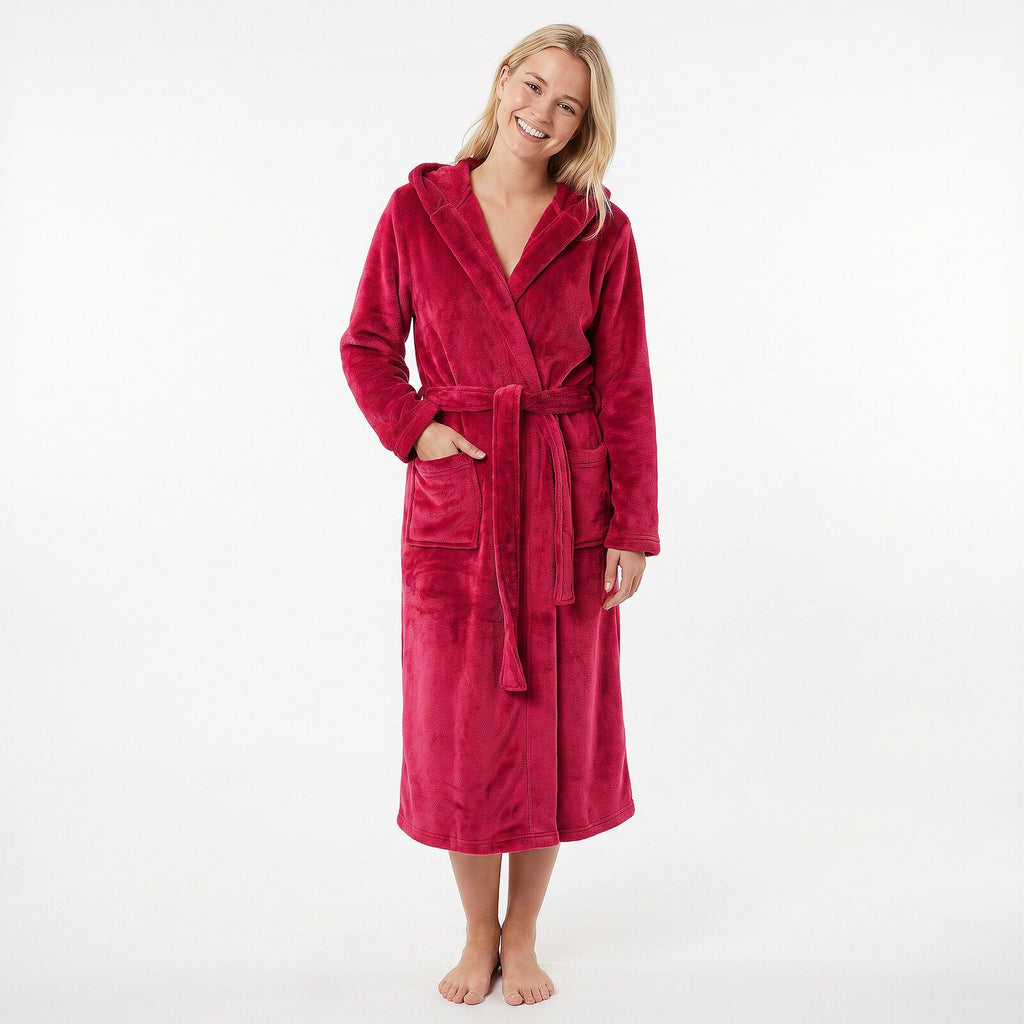 GAUBERT unisex fleece bathrobe with hood, long, burgundy
