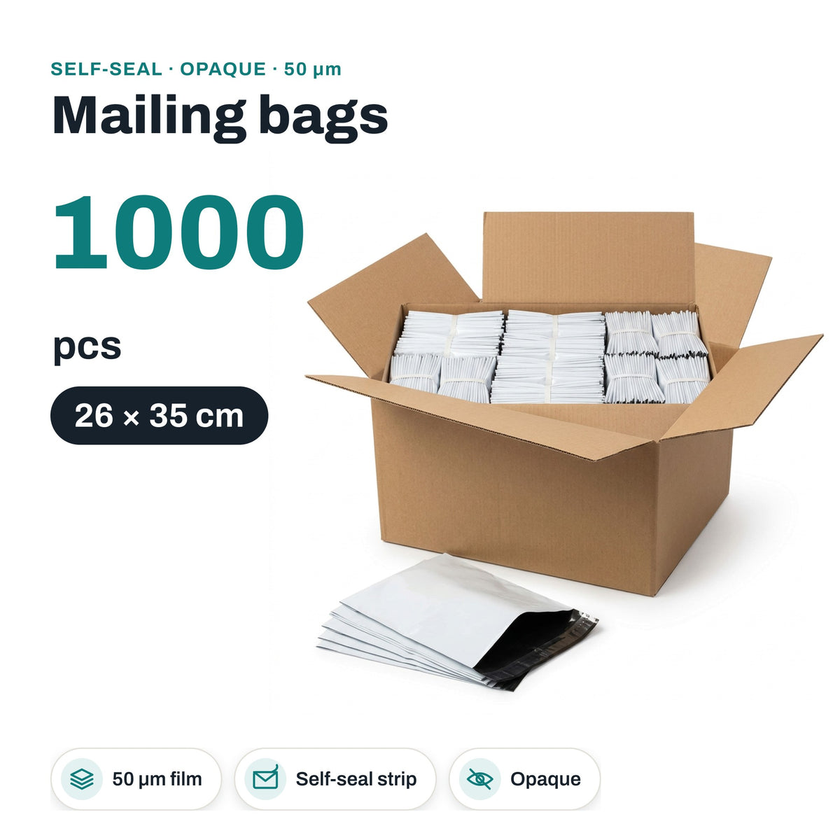 RIVEN24 poly mailing bags, 260 x 350 mm, 50 µm, white, 1000 pcs (10 x 100)