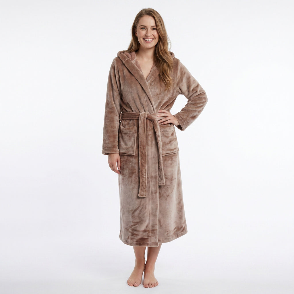 GAUBERT unisex fleece bathrobe with hood, long, sand
