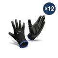 Polyester work gloves with PU palm, black, 12 pairs, individually packed