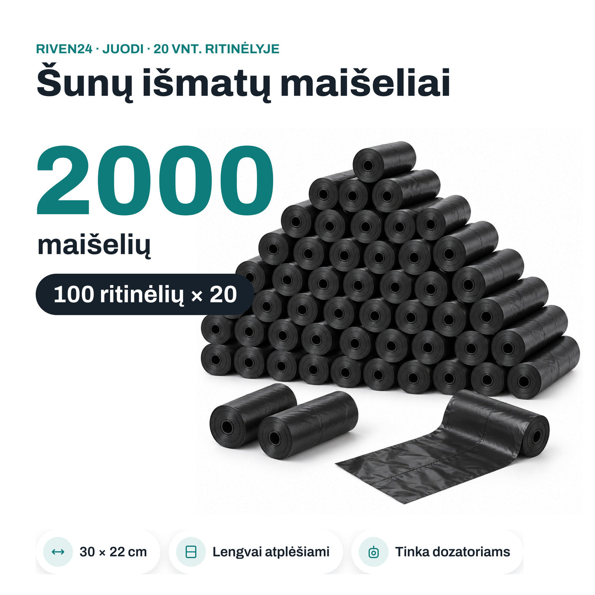 RIVEN24 dog poop bags, black, 2000 pcs (100 rolls × 20), 30 × 22 cm